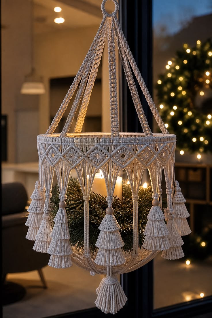 Lustre de macramê com franjas e vela, iluminado à noite
